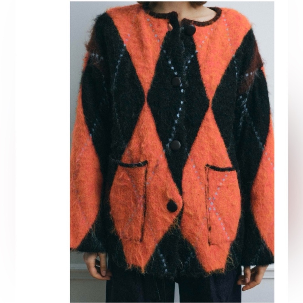 Zara Women's Orange and Black Diamond Pattern Jacket. NWOT - Picture 1 of 2